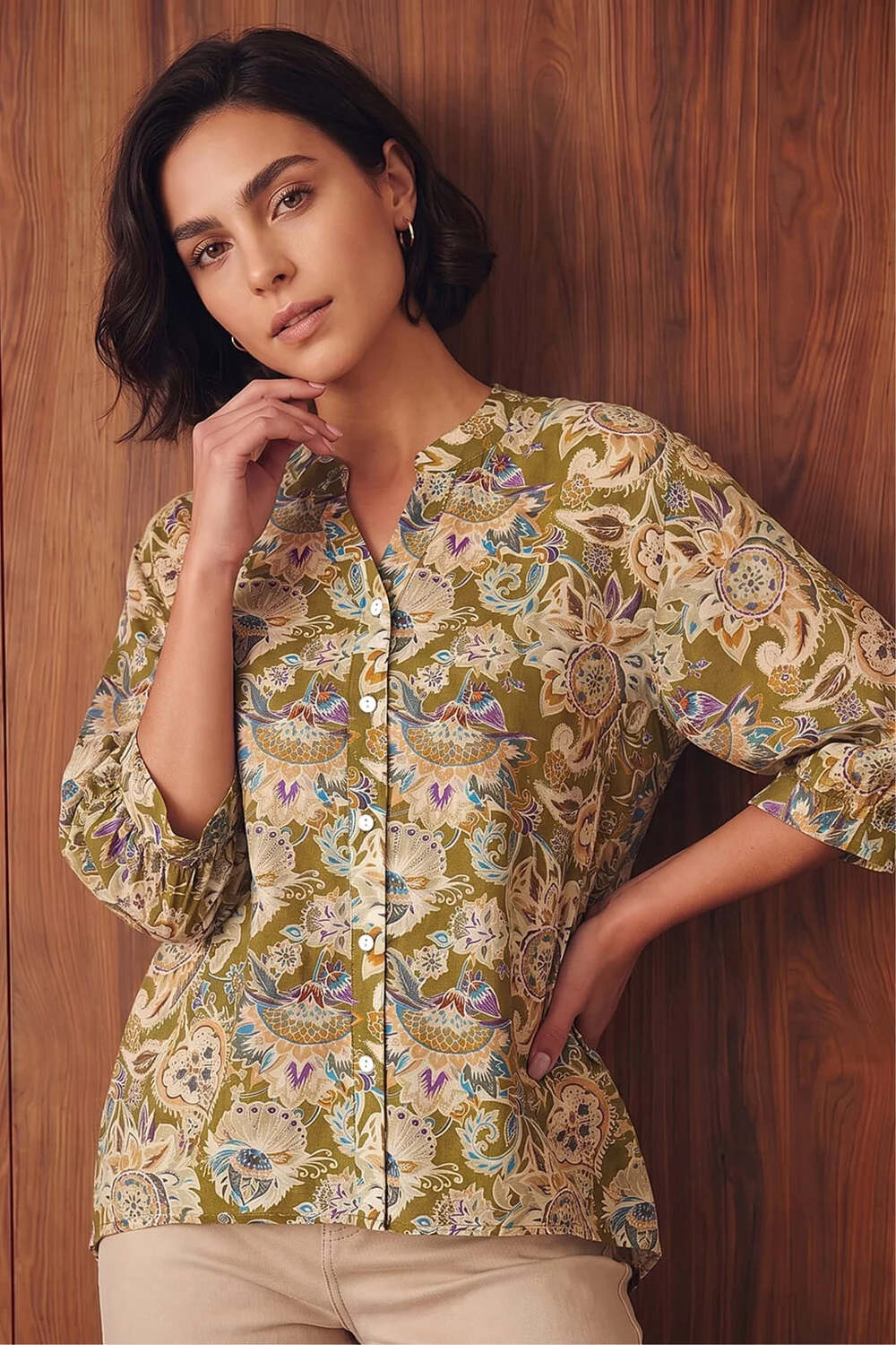 Roman Green Floral Print Notch Neck Blouse - 16 Image 1