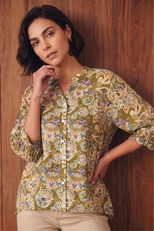 Roman Green Floral Print Notch Neck Blouse - 16 Image 1