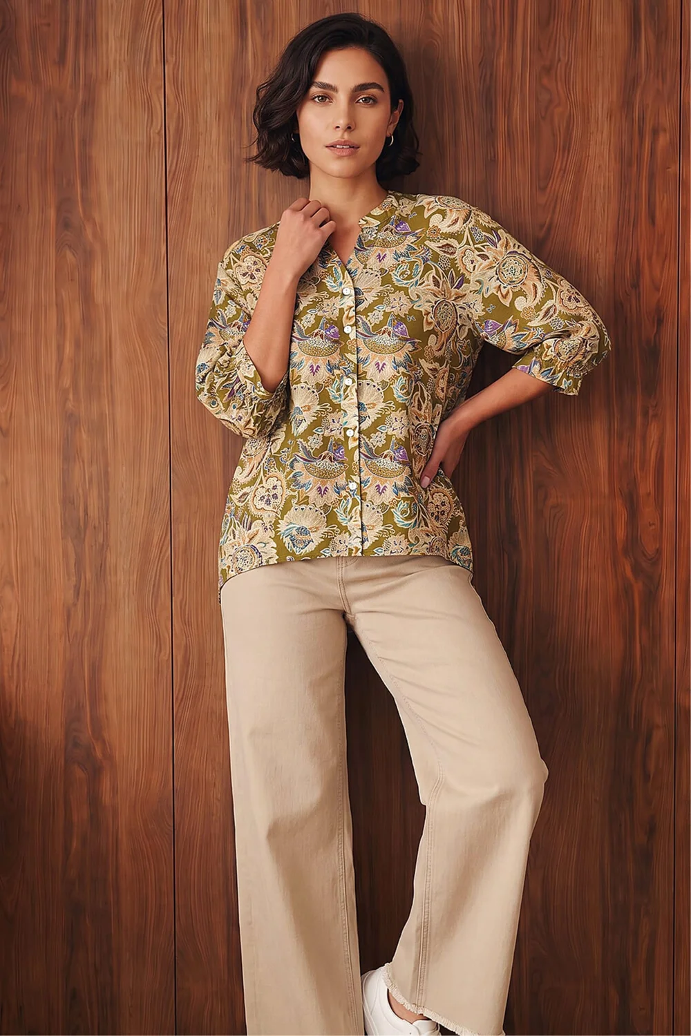 Roman Green Floral Print Notch Neck Blouse - 16 Image 2