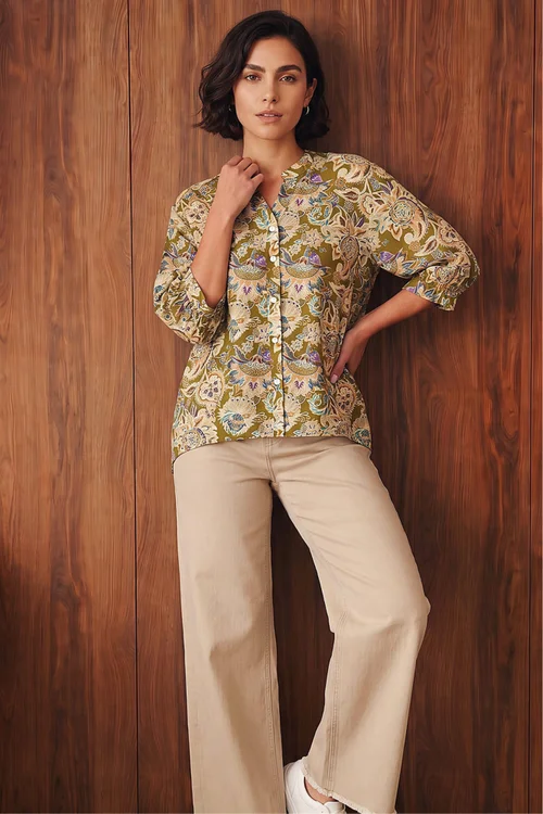 Roman Green Floral Print Notch Neck Blouse - 16 Image 2