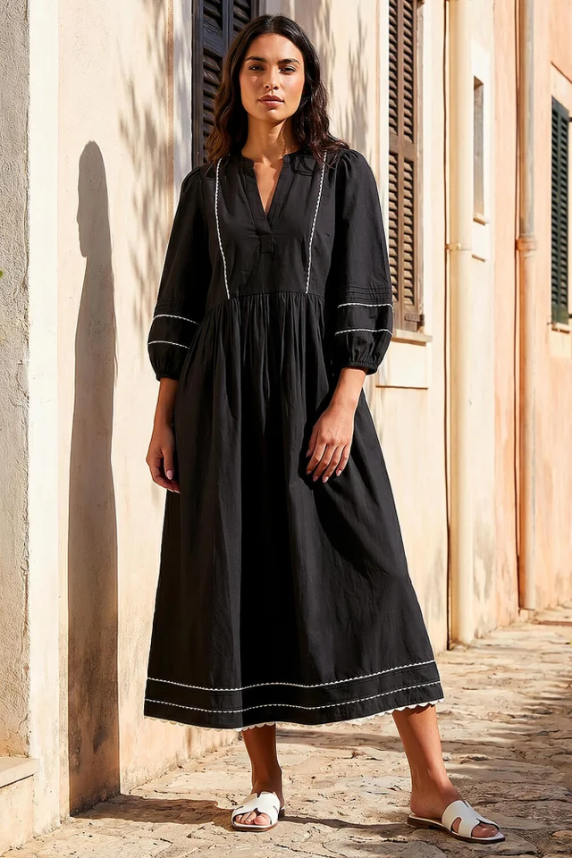 Roman Black Ric Rac Collared Midi Dress