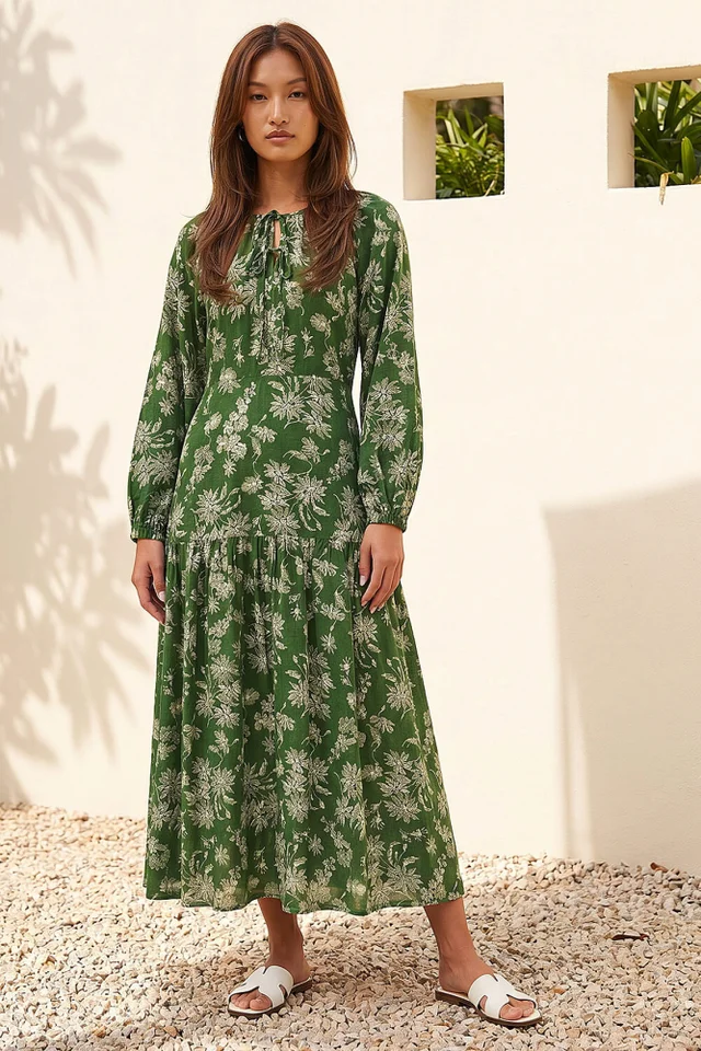 Roman Green Floral Keyhole Tie Midi Dress