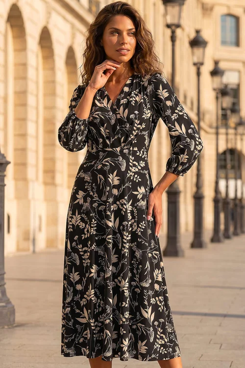 Roman Black Floral Print Midi Dress - 10 Image 1