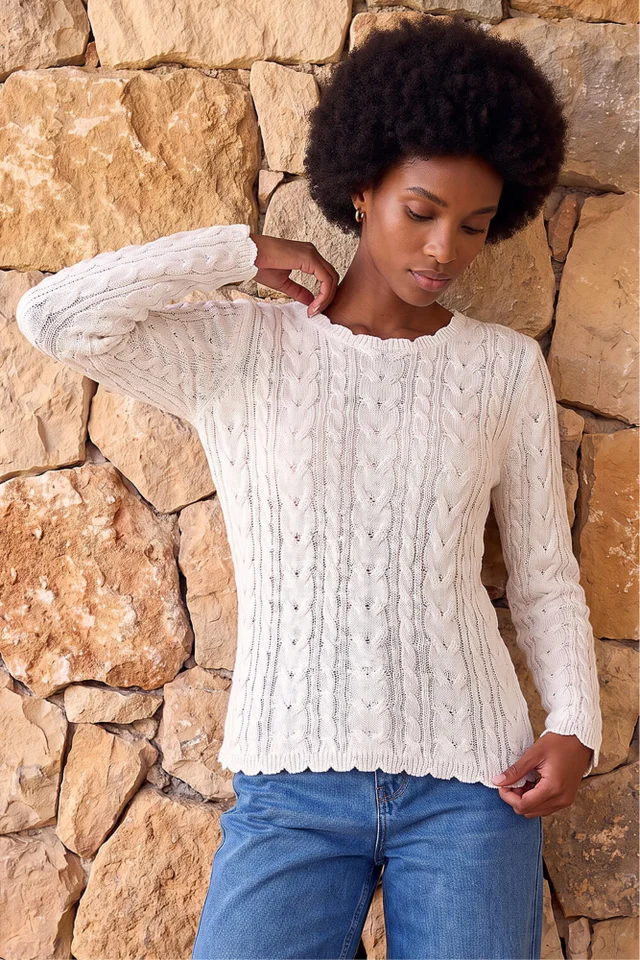 Roman Ivory Scallop Trim Cable Knit Jumper
