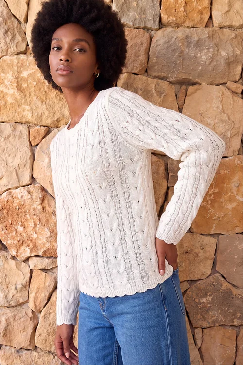 Roman Ivory Scallop Trim Cable Knit Jumper - 16 Image 2
