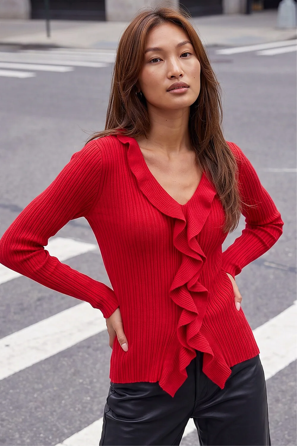 Roman Red Frill Trim Ribbed Knit Top - 10 Image 3