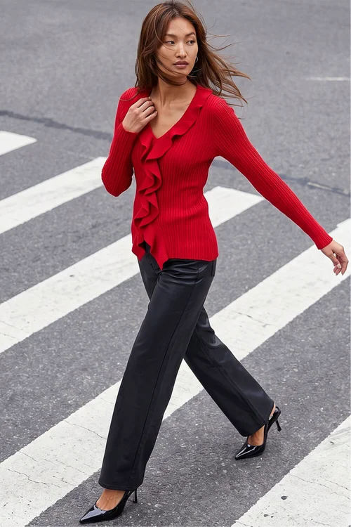 Roman Red Frill Trim Ribbed Knit Top - 10 Image 2