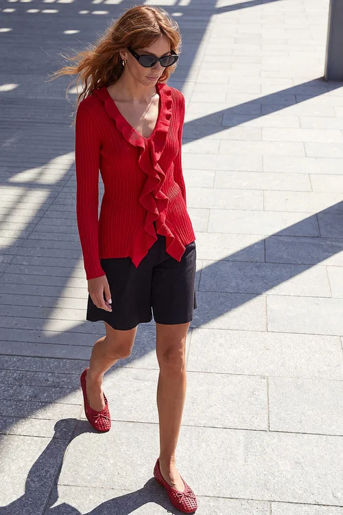 Roman Red Frill Trim Ribbed Knit Top - 10 Image 2