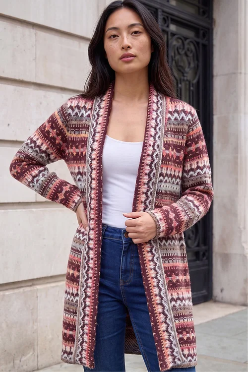 Roman Burgundy Petite Aztec Longline Cardigan - 18 Image 2