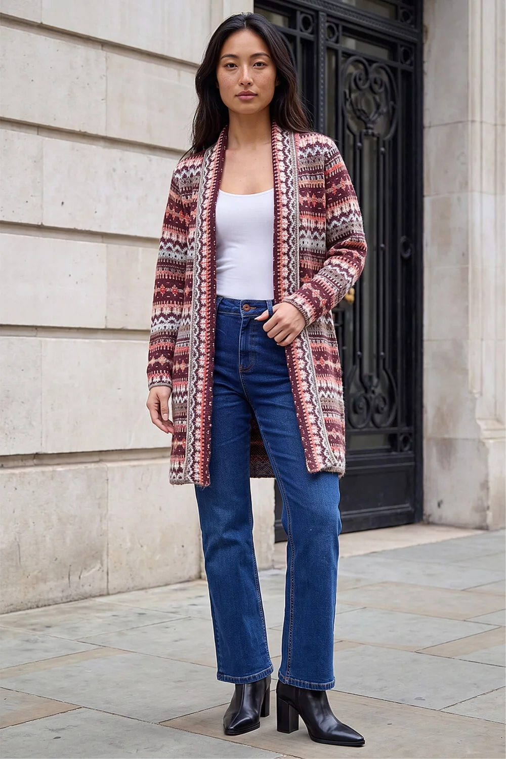 Roman Burgundy Petite Aztec Longline Cardigan - 18 Image 1
