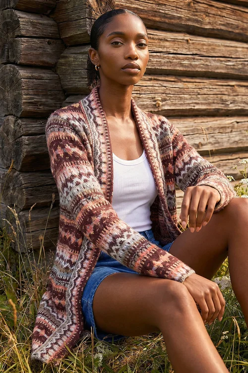 Roman Burgundy Petite Aztec Longline Cardigan - 8 Image 2