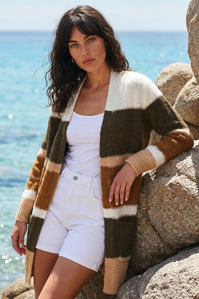Roman Khaki Colour Block Longline Knit Cardigan