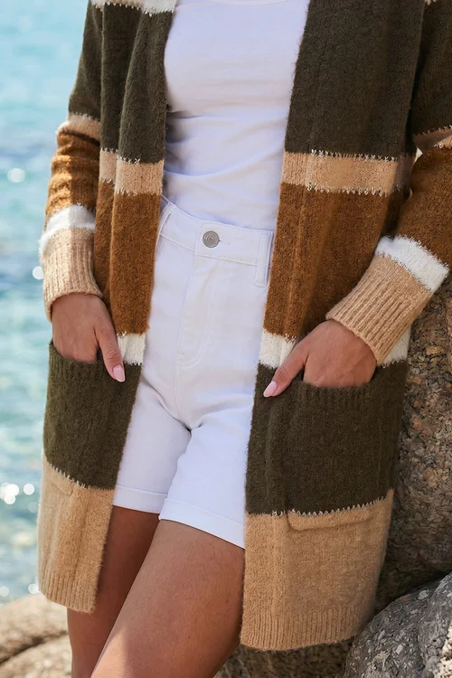 Roman Khaki Colour Block Longline Knit Cardigan - 14 Image 4