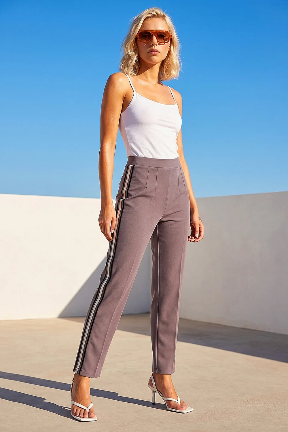 Roman Taupe Petite Side Stripe Trouser - 10 Image 1