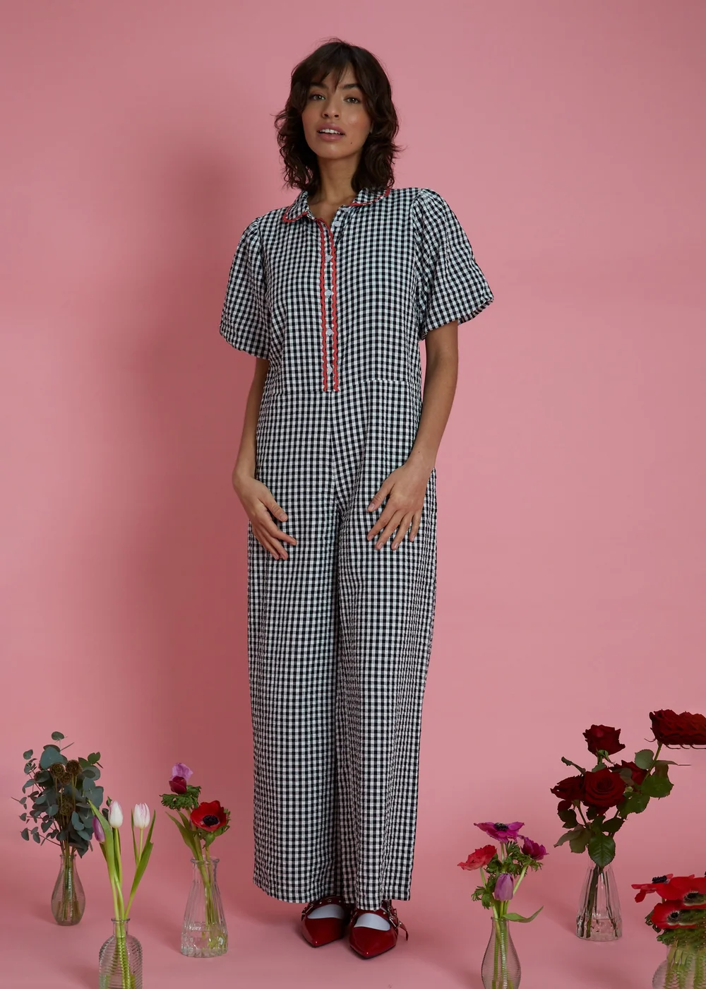 Neon Rose Black Wide Leg Gingham Jumpsuit - M Image 1