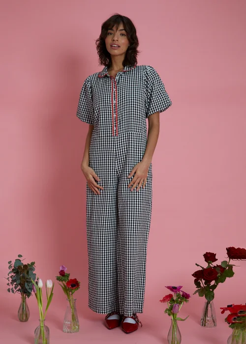 Neon Rose Black Wide Leg Gingham Jumpsuit - M Image 1