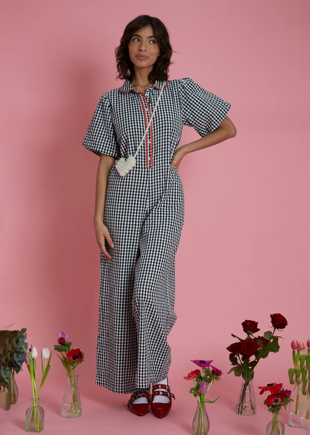 Neon Rose Black Wide Leg Gingham Jumpsuit - M Image 4