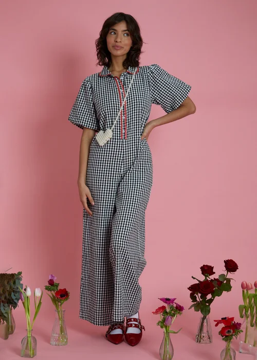 Neon Rose Black Wide Leg Gingham Jumpsuit - M Image 4