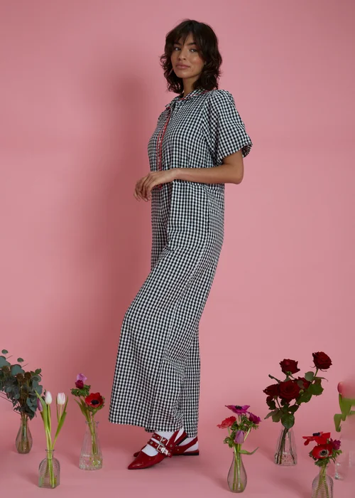 Neon Rose Black Wide Leg Gingham Jumpsuit - M Image 5