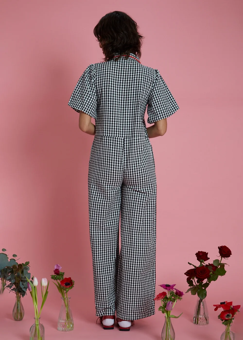 Neon Rose Black Wide Leg Gingham Jumpsuit - M Image 2