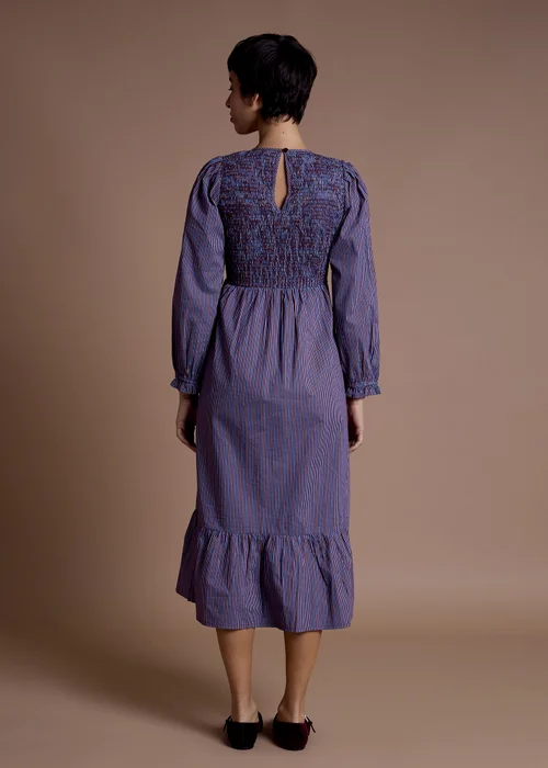 Neon Rose Blue Cotton Multi Stripe Shirred Midaxi Dress - M Image 2