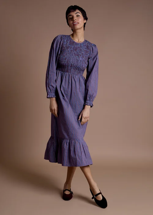 Neon Rose Blue Cotton Multi Stripe Shirred Midaxi Dress - M Image 4