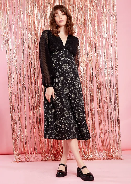 Neon Rose Black Celestial Print Long Sleeve Midi Dress - M Image 1