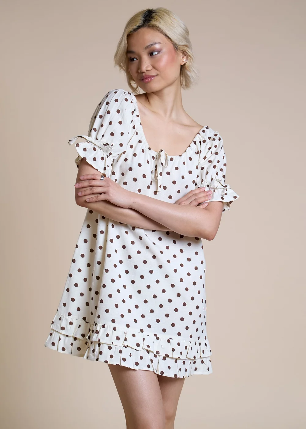 Neon Rose Cream Brown and Cream Polka Dot Mini Dress - S Image 1