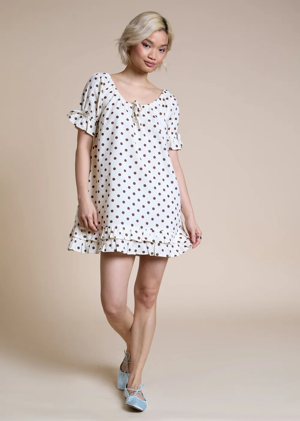 Neon Rose Cream Brown and Cream Polka Dot Mini Dress - S Image 4