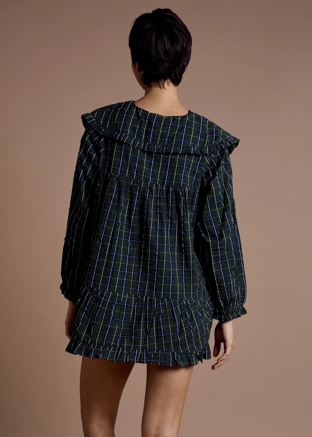 Neon Rose Navy Cotton Blue Tartan Check Oversized Collar Dress - L Image 2