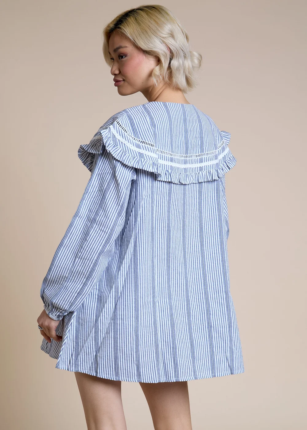 Neon Rose Light Blue Cotton Blue and White Stripe Oversized Frill Collar Smock Dress - M Image 2