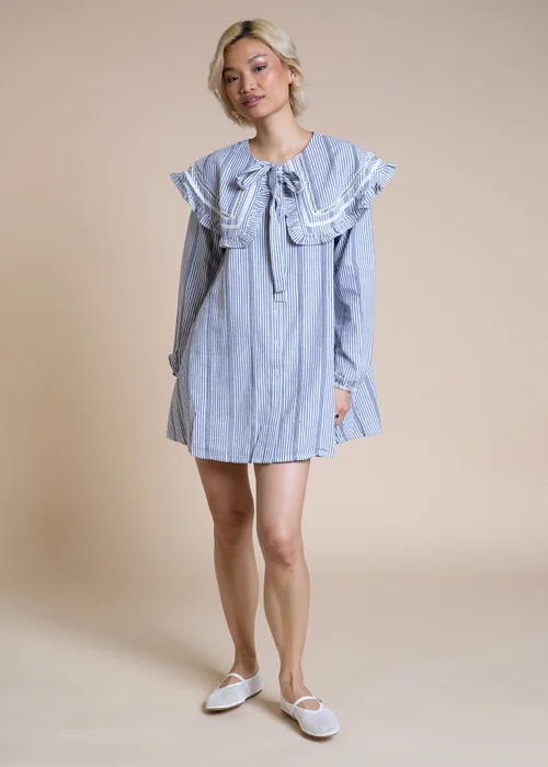 Neon Rose Light Blue Cotton Blue and White Stripe Oversized Frill Collar Smock Dress - M Image 4