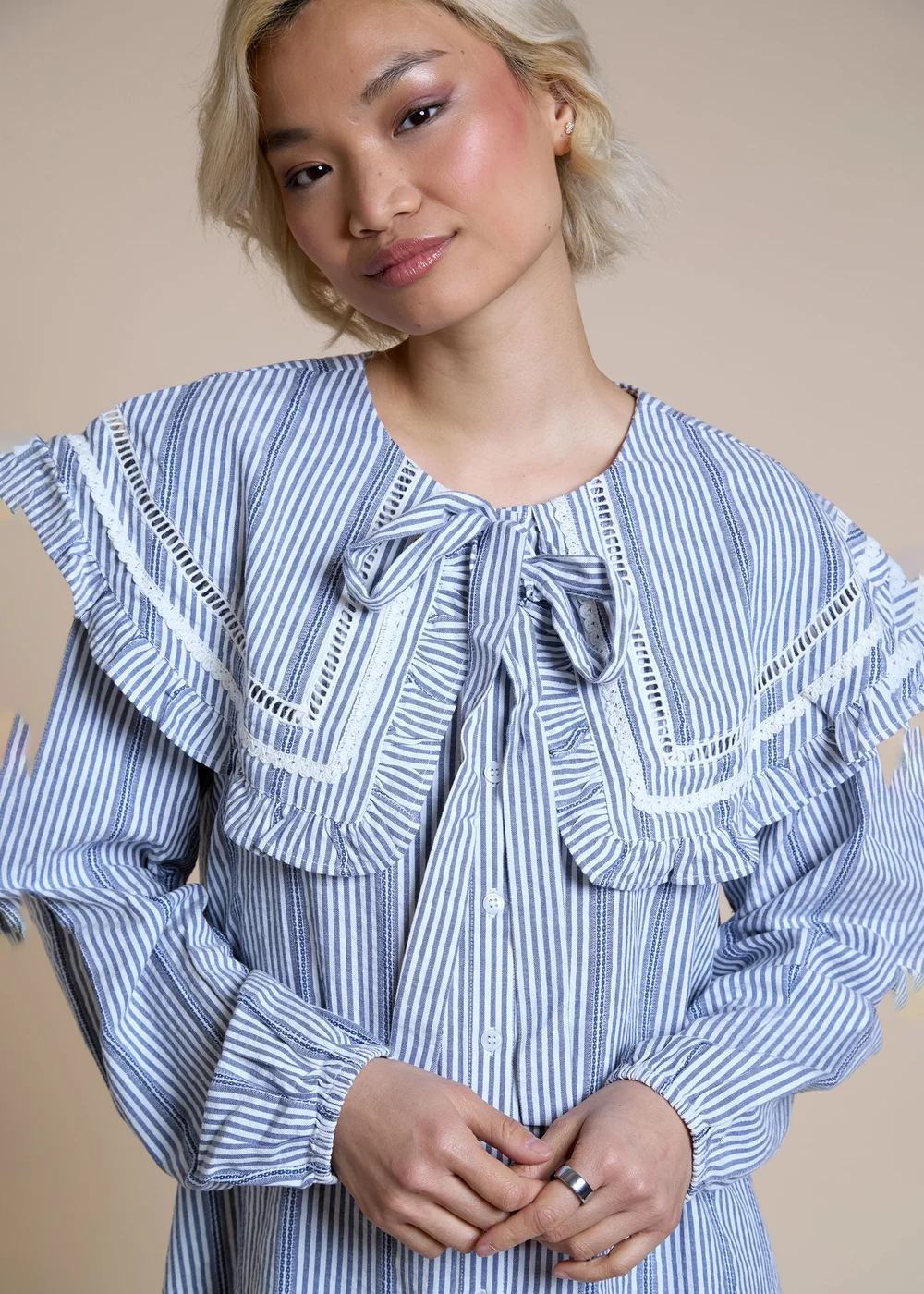Neon Rose Light Blue Cotton Blue and White Stripe Oversized Frill Collar Smock Dress - M Image 3