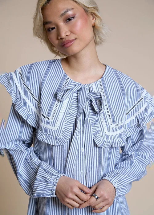 Neon Rose Light Blue Cotton Blue and White Stripe Oversized Frill Collar Smock Dress - M Image 3