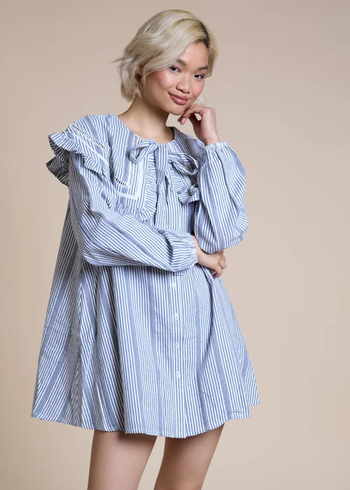 Neon Rose Light Blue Cotton Blue and White Stripe Oversized Frill Collar Smock Dress - M Image 5