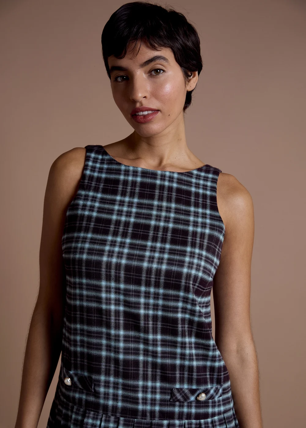 Neon Rose Navy Brown Tartan Check Pleated Mini Pinafore Dress - XL Image 5