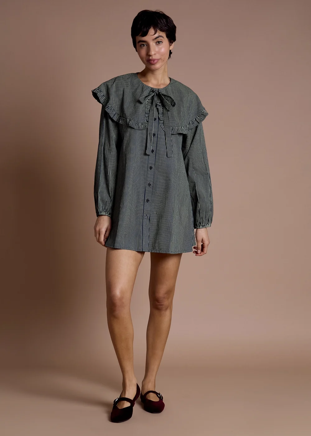 Neon Rose Navy Cotton Oversized Collared Dress in Navy Yellow Stripe - L Image 4