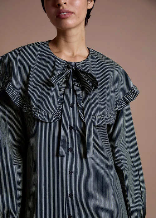 Neon Rose Navy Cotton Oversized Collared Dress in Navy Yellow Stripe - L Image 3