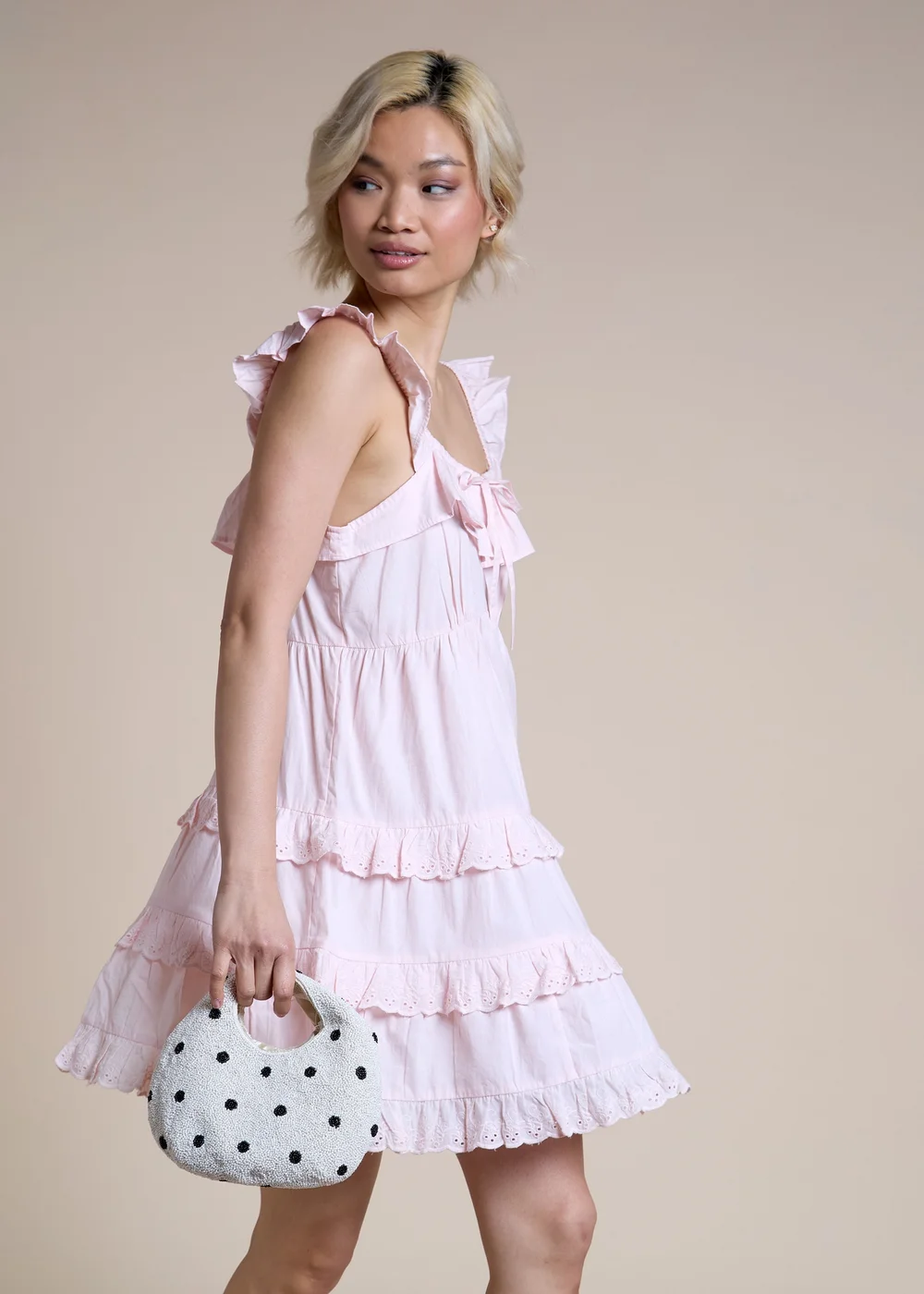 Neon Rose Soft Pink Cotton Ruffle Tiered Mini Dress - S Image 5