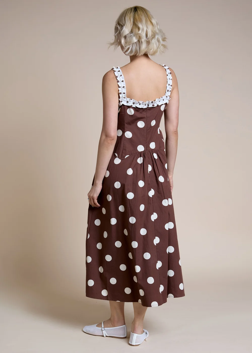 Neon Rose Brown & Cream Polka Dot Midi Dress - M Image 3