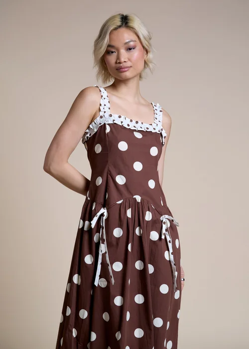 Neon Rose Brown & Cream Polka Dot Midi Dress - M Image 2
