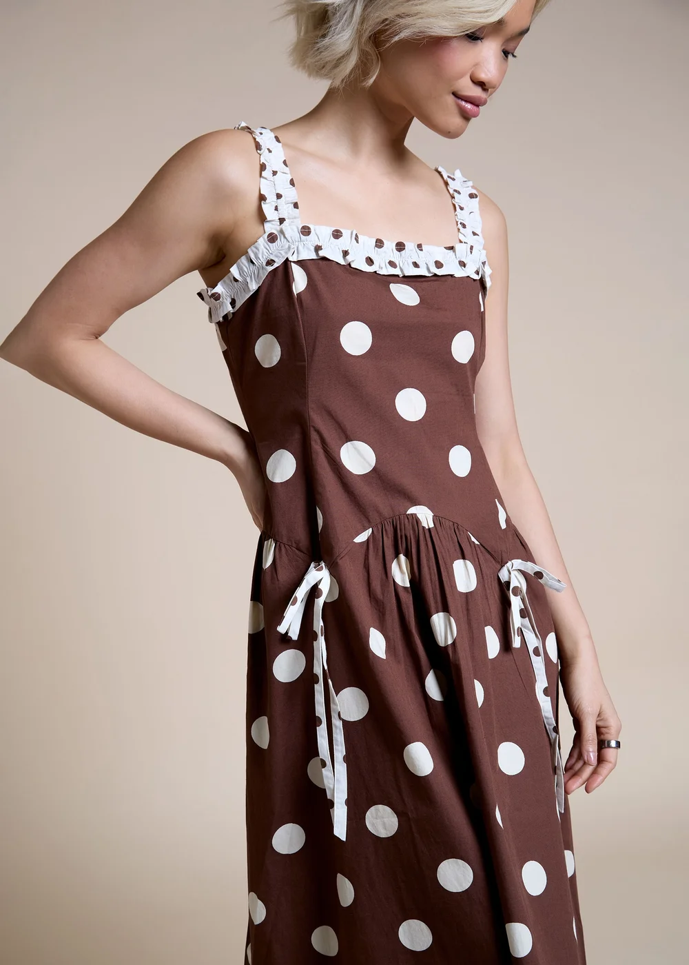 Neon Rose Brown & Cream Polka Dot Midi Dress - M Image 4