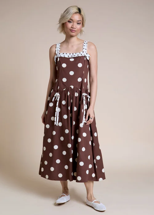 Neon Rose Brown & Cream Polka Dot Midi Dress - M Image 1