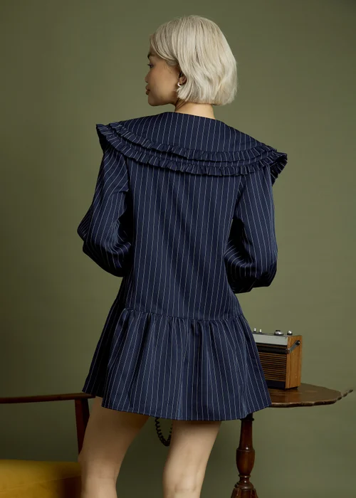 Neon Rose Navy Cotton Pinstripe Double Collar Mini Smock Dress - M Image 2