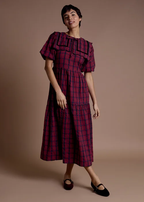 Neon Rose Burgundy Collar Detail Tiered Midaxi Dress in Burgundy Check - S Image 4