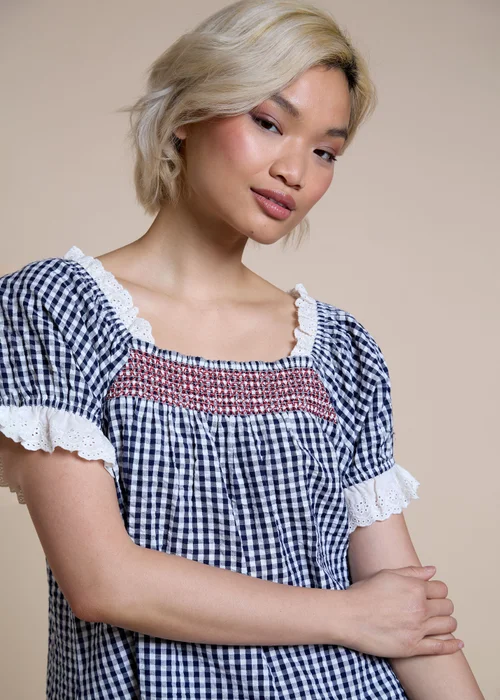 Neon Rose Navy Cotton Gingham Square Neck Babydoll Mini Dress - XS Image 3