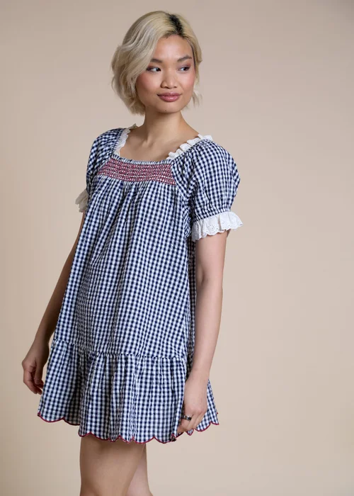 Neon Rose Navy Cotton Gingham Square Neck Babydoll Mini Dress - XS Image 5