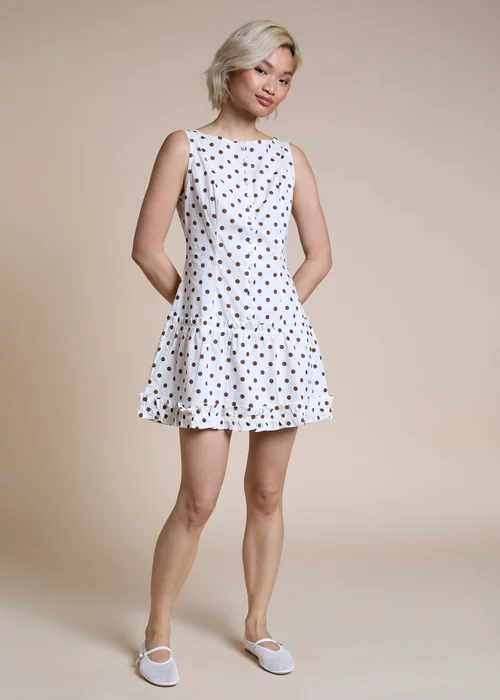 Neon Rose Cream Cream & Brown Polka Dot Button-Up Mini Dress - M Image 4