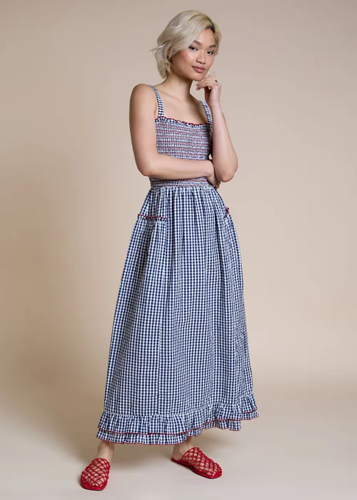 Neon Rose Navy Cotton Blue Shirred Ruffle Detail Midaxi Dress - XS Image 4