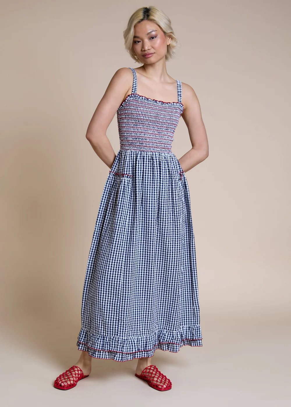 Neon Rose Navy Cotton Blue Shirred Ruffle Detail Midaxi Dress - XS Image 1